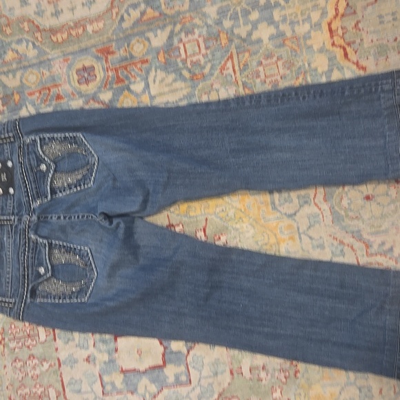 MISS ME JEANS EMBELISHED  LACE BACK POCKETS WOMENS SIZE 34 BOOTCUT - Picture 1 of 6